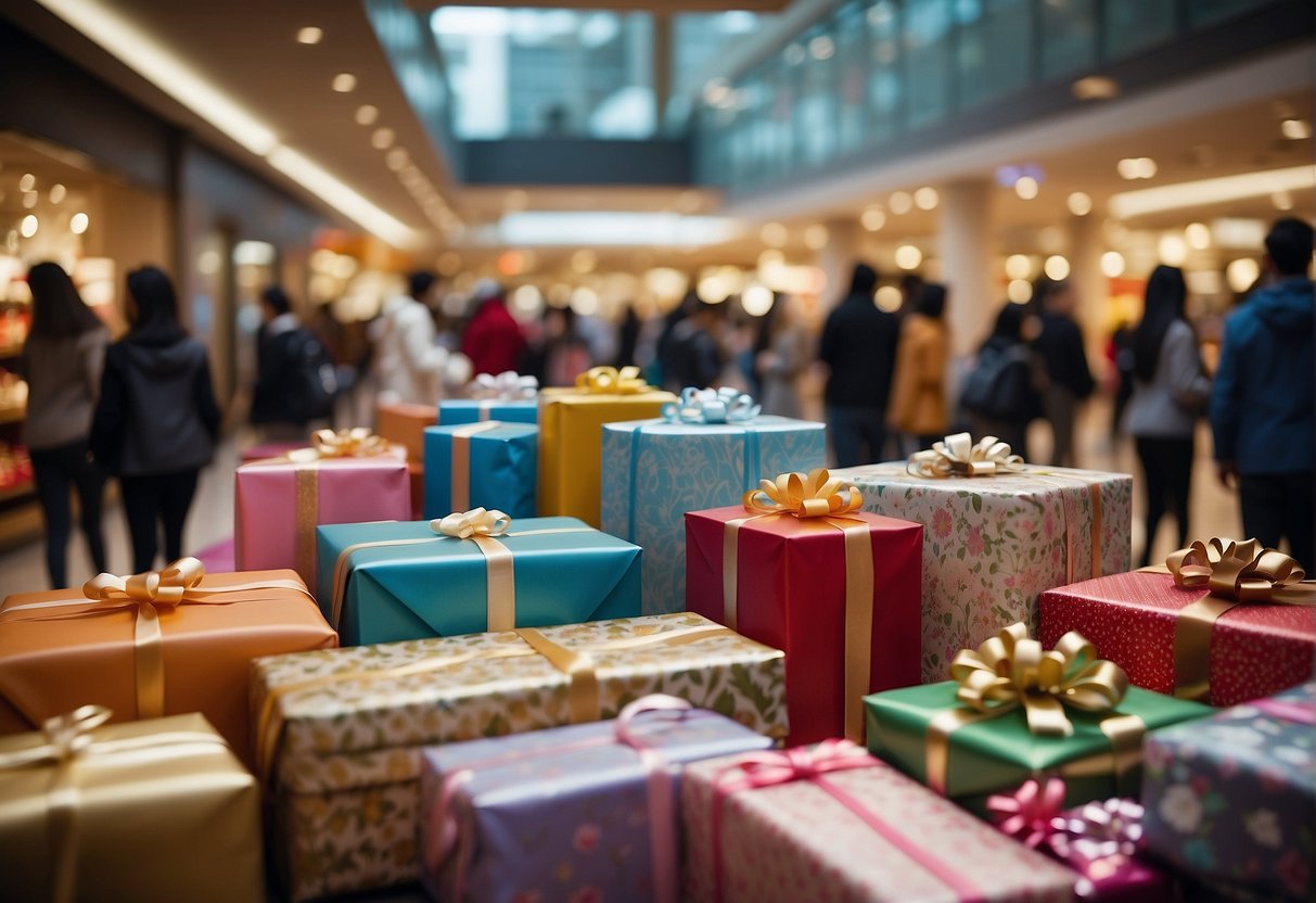 A table filled with gift options, a colorful display of wrapping paper, and a busy shopping mall with people carrying bags