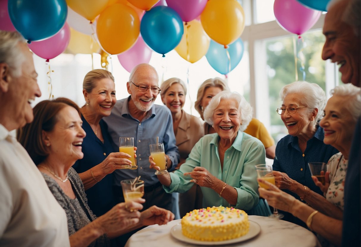 A lively 82nd birthday party with a colorful cake, balloons, and joyful guests mingling and laughing together