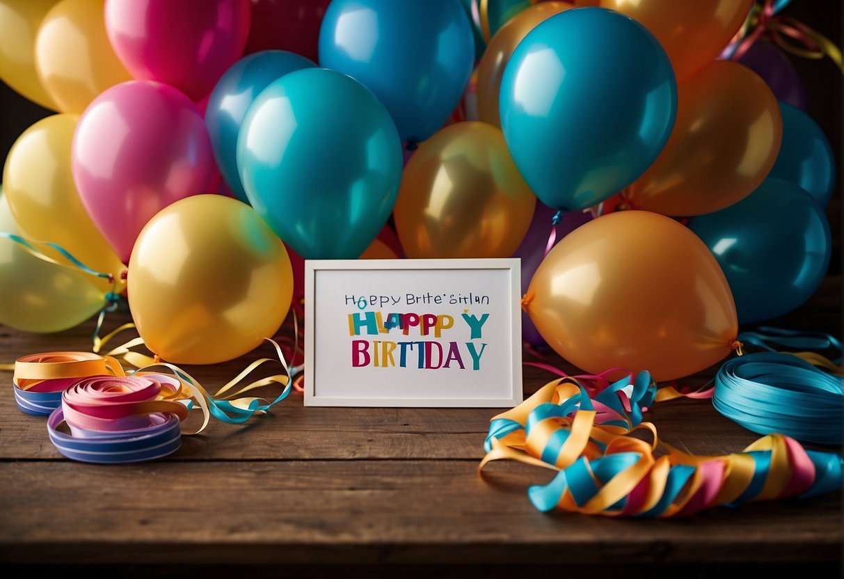 Brightly colored balloons and streamers adorn a table with a "82nd Birthday" banner. A stack of special offer flyers and subscription forms sit nearby