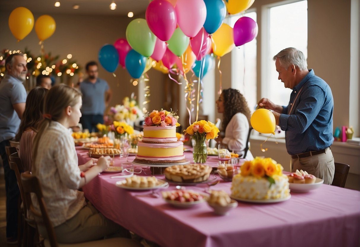 Guests decorating with balloons and streamers, setting up tables with colorful tablecloths, arranging flowers, and preparing a birthday cake