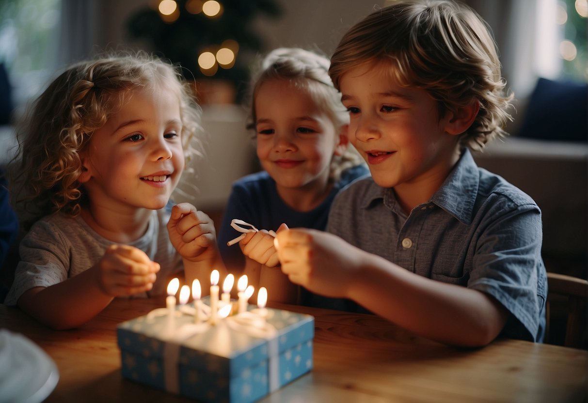 Children playing games, blowing out candles, and opening gifts at a lively 83rd birthday party