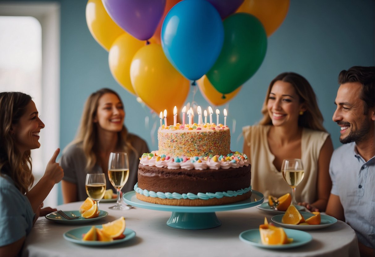 A colorful table set with a birthday cake, balloons, and presents. A group of friends and family laughing and chatting in celebration