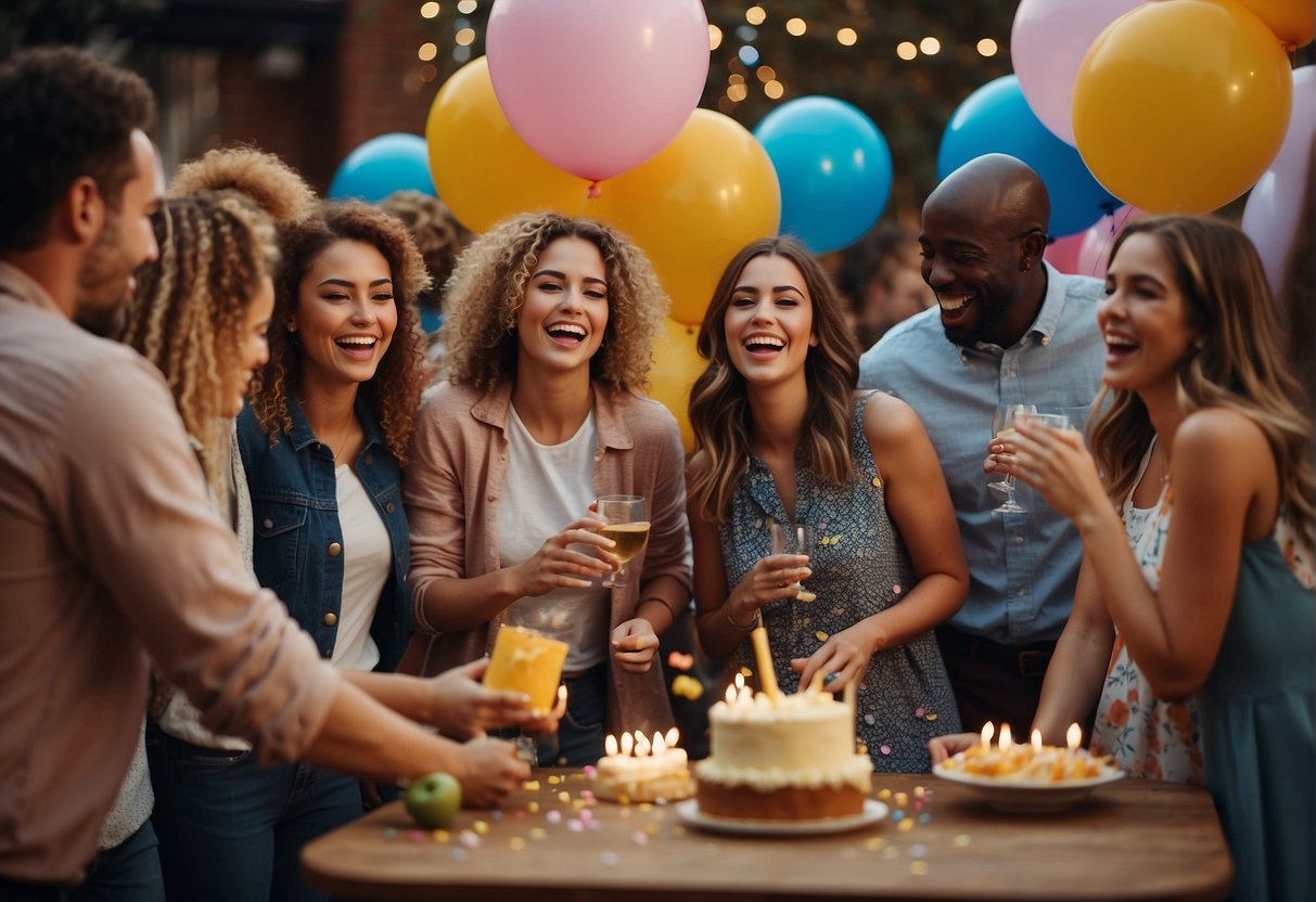 A lively party with balloons, confetti, and a festive cake. A group of people laughing and playing games, surrounded by colorful decorations