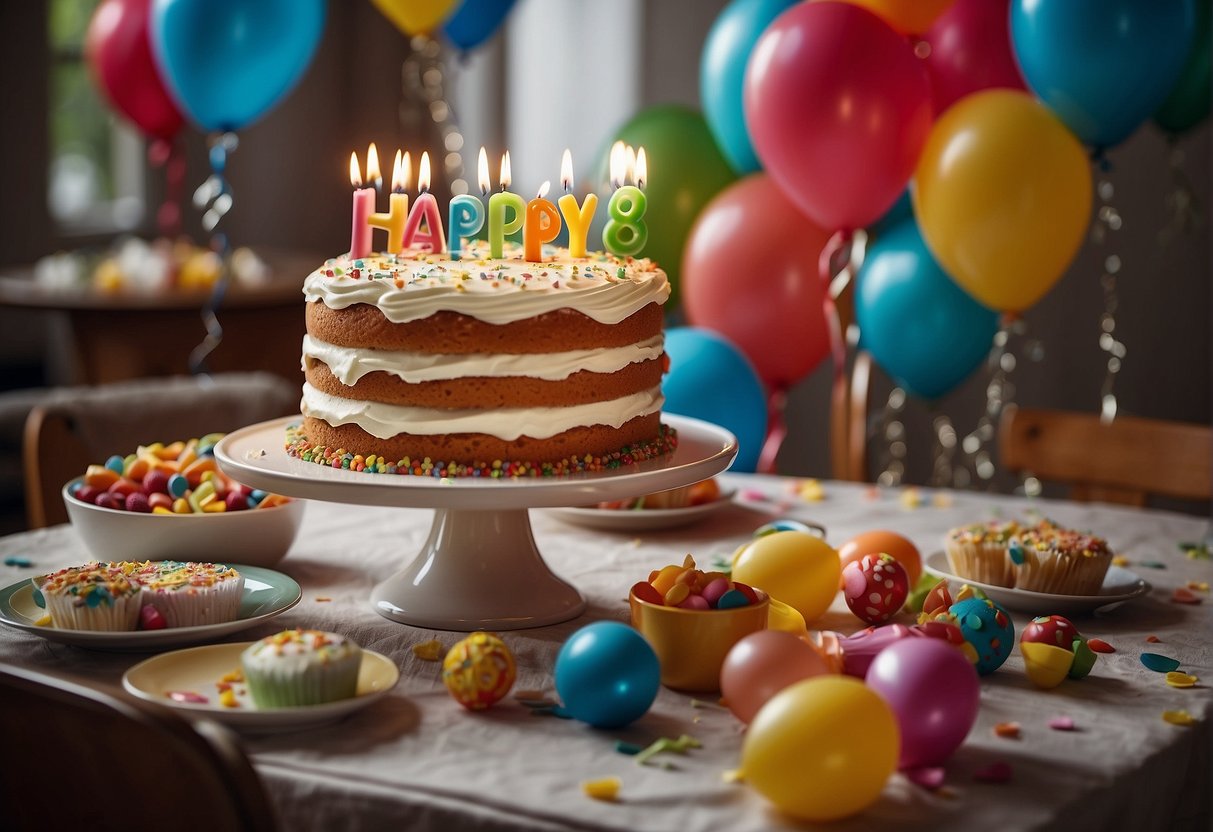 A table set with a colorful birthday cake, surrounded by smiling faces and balloons, with a banner reading "Happy 84th Birthday" hanging in the background