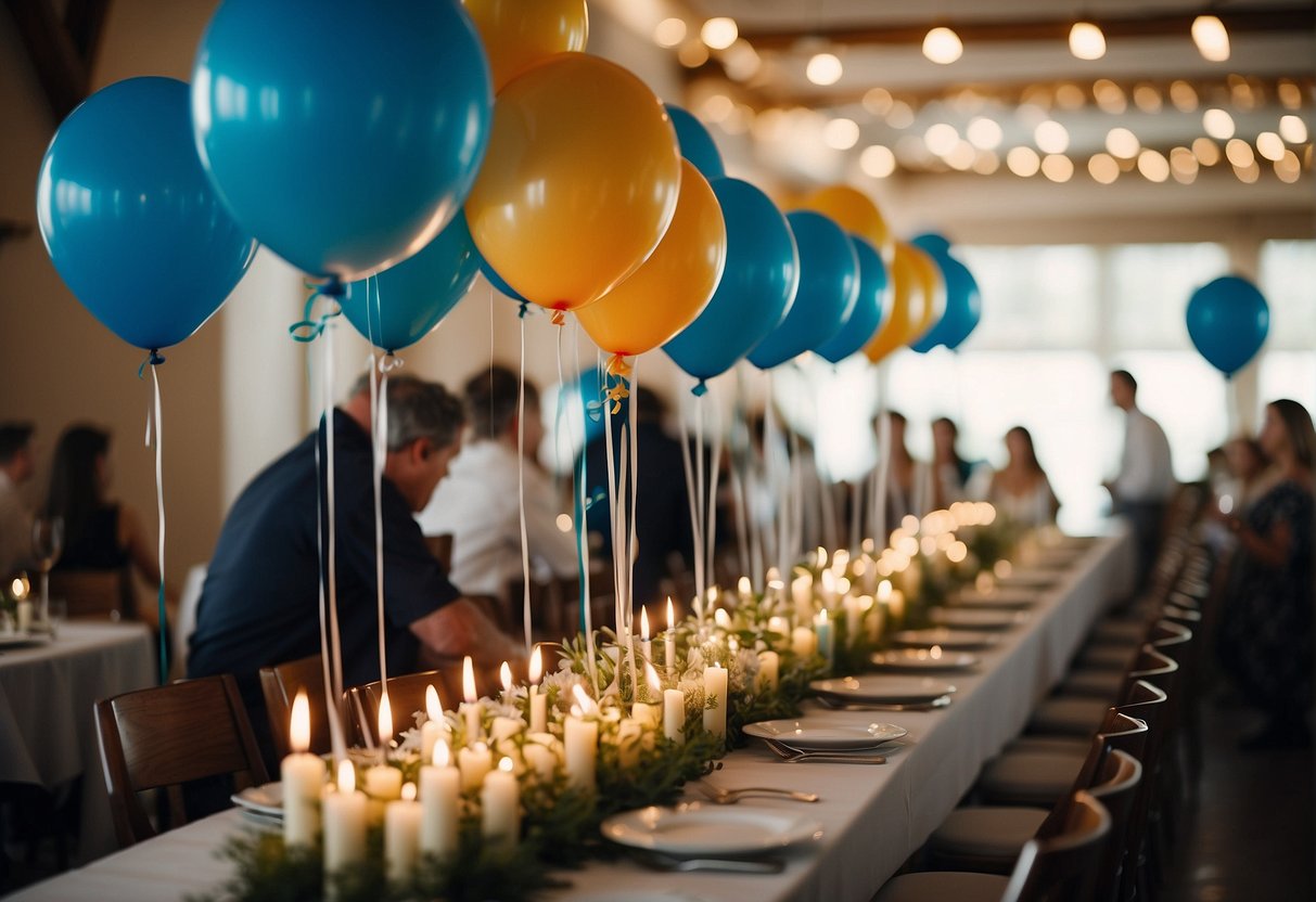 Guests decorate with balloons and streamers. Tables set with elegant centerpieces. A large cake adorned with 84 candles. Laughter and music fill the air