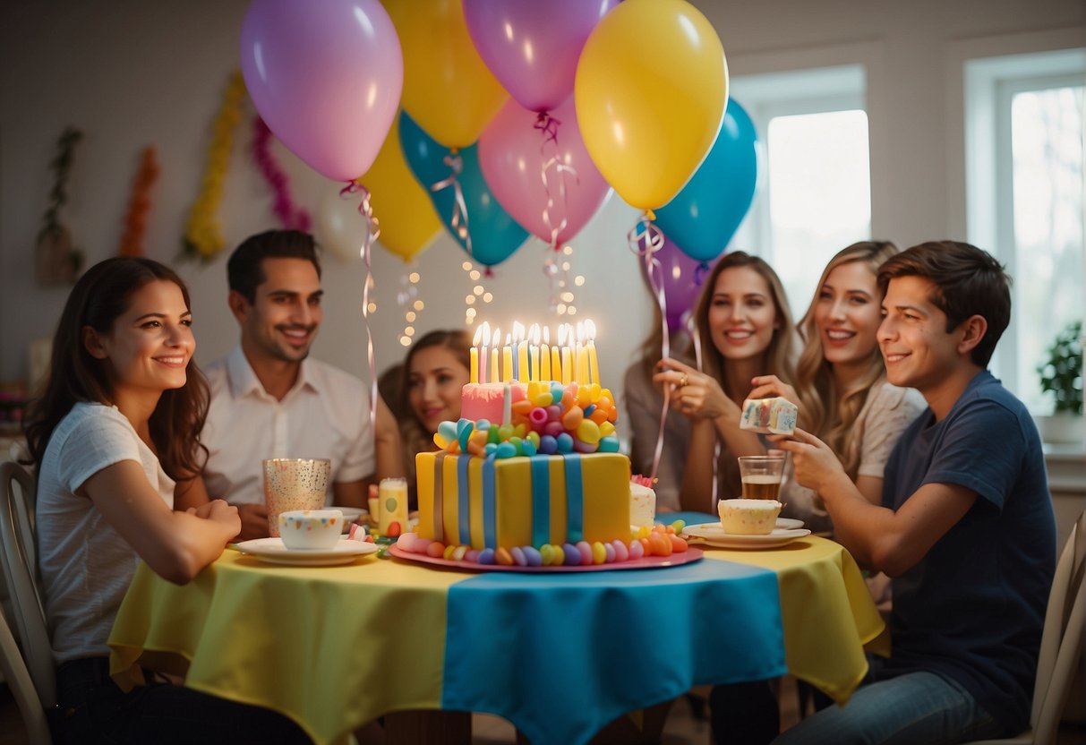 Colorful presents arranged around a birthday cake with "84" candles. Balloons and streamers decorate the room. A group of friends and family members gather, smiling and laughing