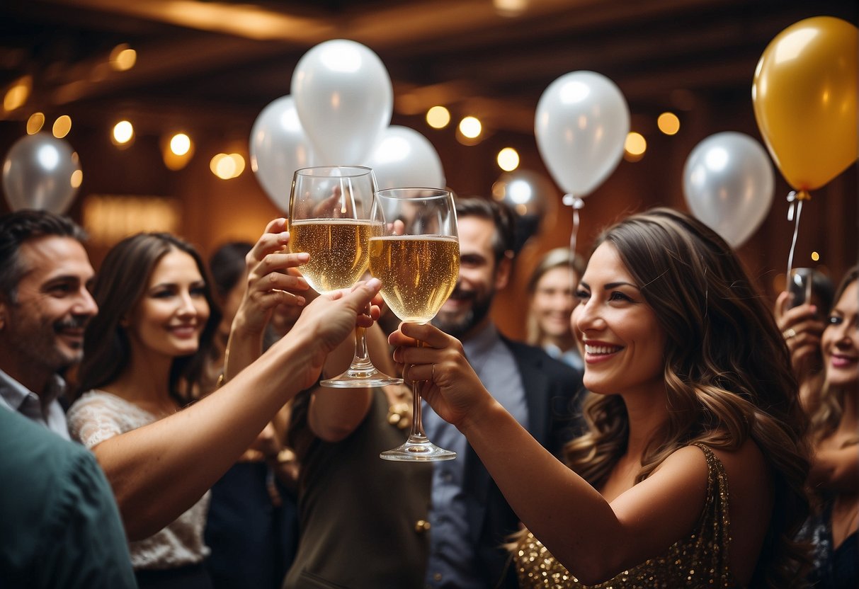 Guests raise glasses, smiling, while sharing heartfelt messages. Balloons and decorations adorn the room, creating a festive atmosphere