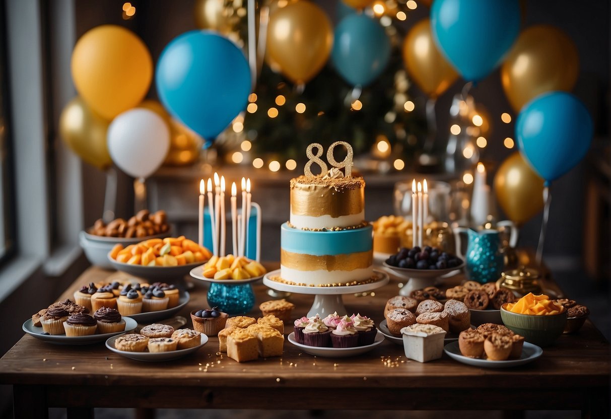 A festive gathering with colorful decorations, a table filled with birthday treats, and a banner celebrating the 84th birthday