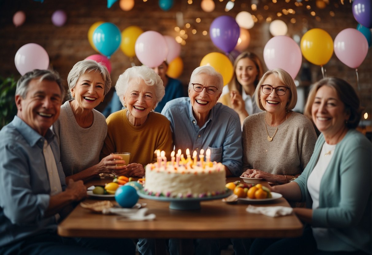 A group of people celebrate an 84th birthday with laughter and connection, surrounded by colorful decorations and lively activities