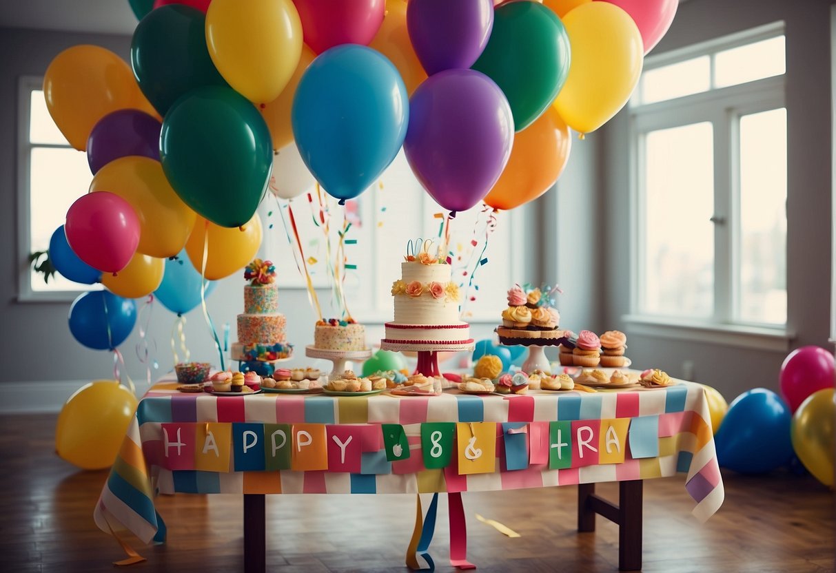 A table filled with colorful decorations, balloons, and a large cake. A banner with "Happy 85th Birthday" hangs on the wall. Streamers and confetti add to the festive atmosphere