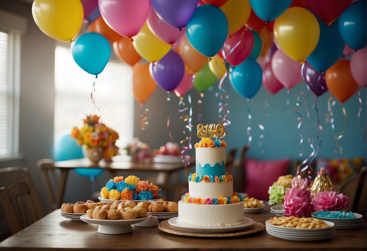 Colorful balloons and banners adorn the room, while a large "85" cake sits at the center of the table. Streamers hang from the ceiling, and a group of wrapped presents are piled in the corner