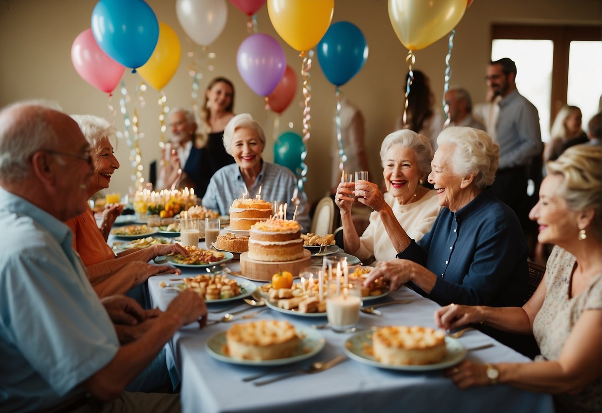 A lively 85th birthday party with guests mingling, laughing, and enjoying entertainment. Streamers and balloons decorate the room, while a table is filled with delicious food and a birthday cake