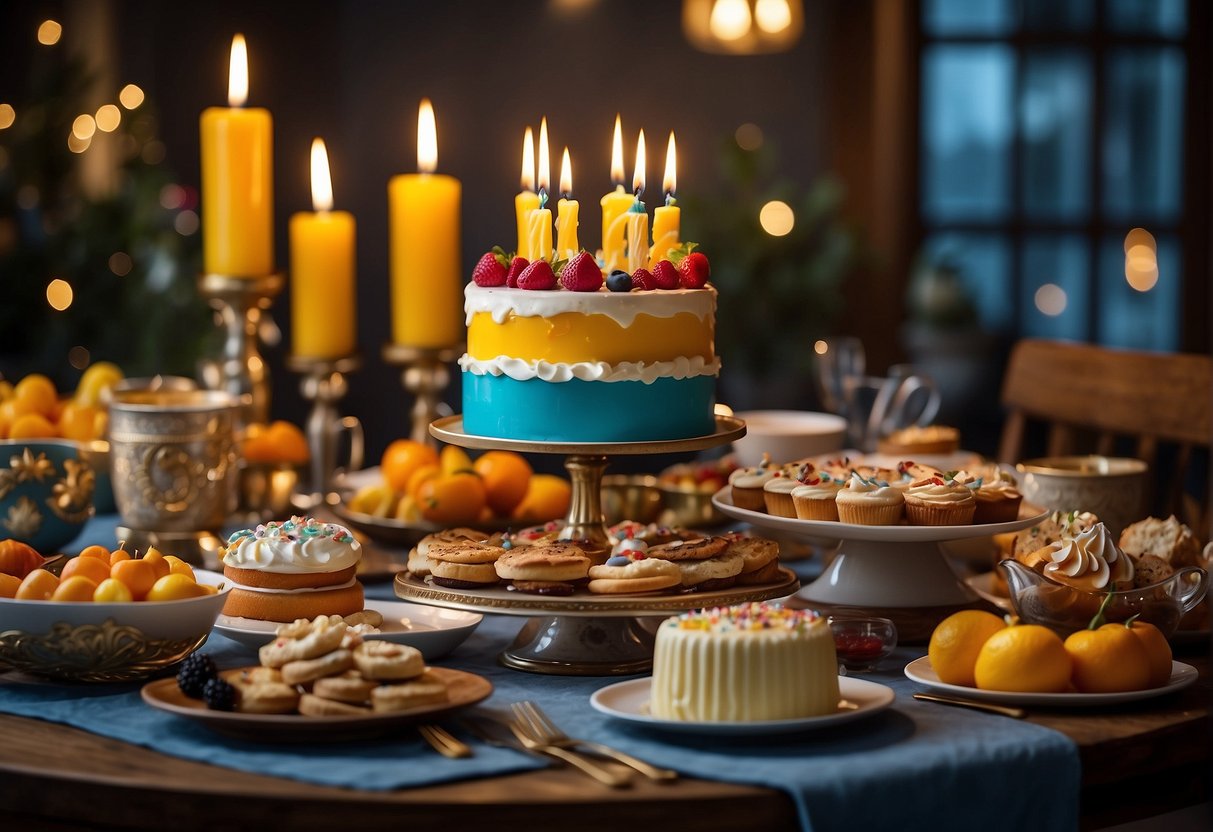 A table set with a variety of colorful and appetizing food and drink options, including a birthday cake with 85 candles, surrounded by festive decorations