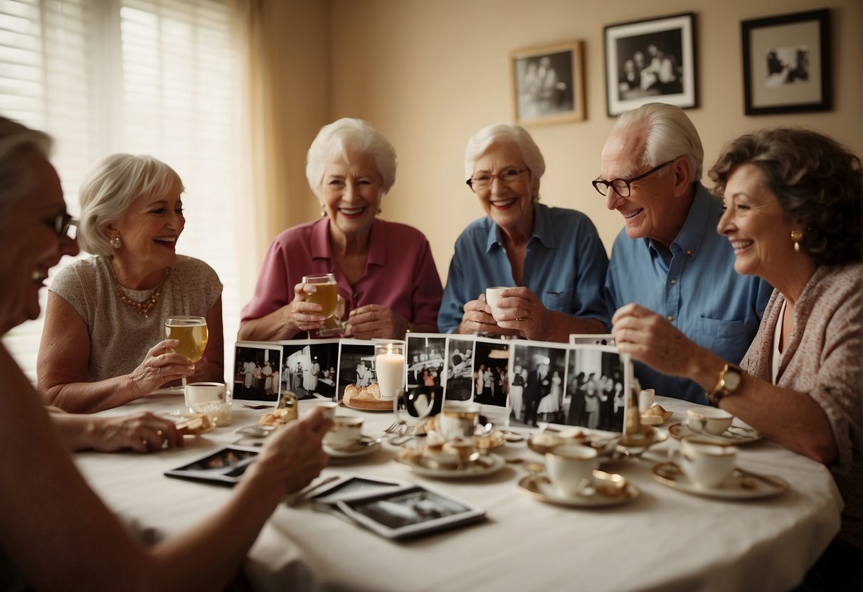 A group of people gather around a table filled with photographs, laughing and reminiscing. A camera sits nearby, ready to capture the joyous moments of an 85th birthday celebration