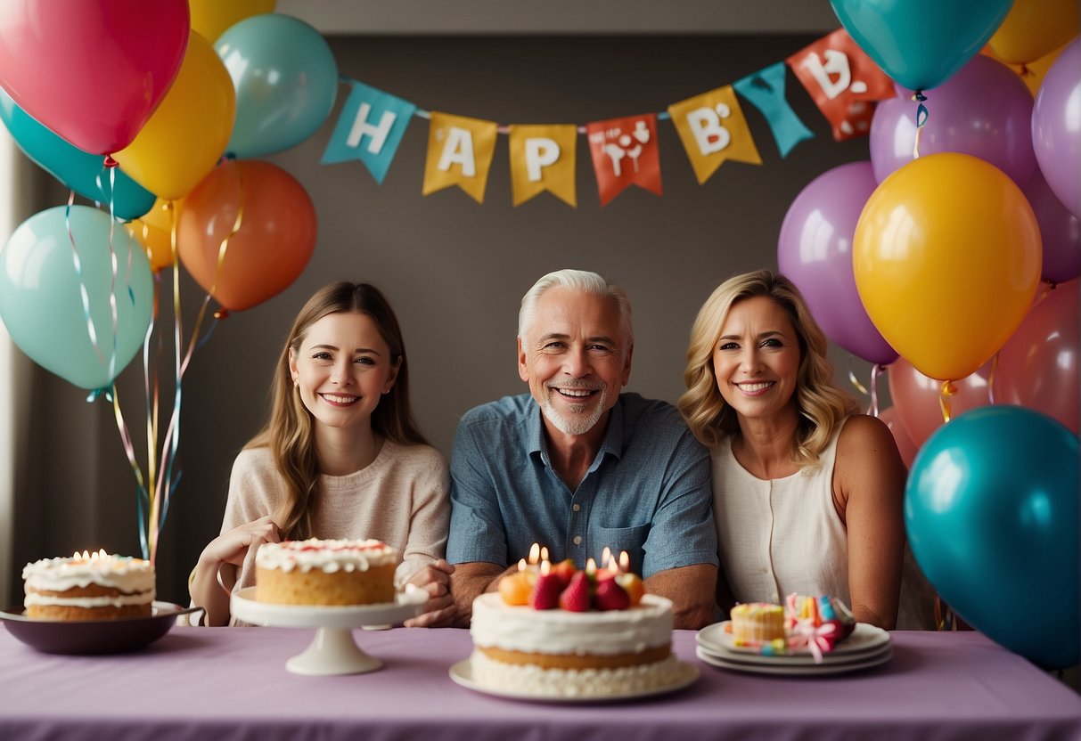 A table set with cake, balloons, and gifts. Family members gathered around, smiling and chatting. A banner reading "Happy 86th Birthday" hangs in the background