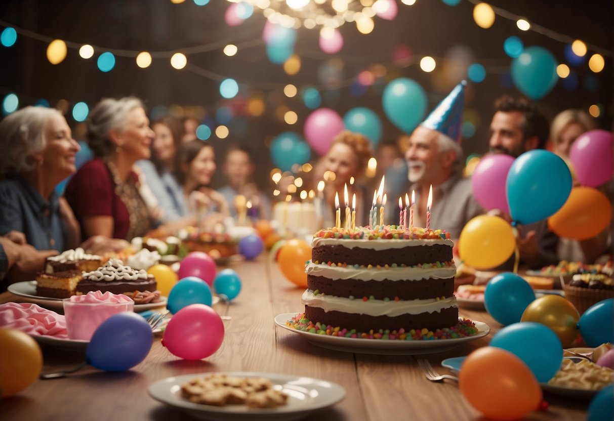 A table covered in colorful decorations, with a cake in the center surrounded by party hats and balloons. A group of people are gathered, discussing plans for the 86th birthday celebration