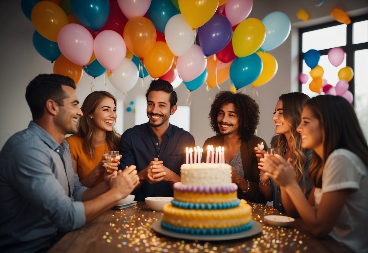 Colorful balloons, confetti, and a large birthday cake with "86" candles. A group of friends and family members gather around, smiling and clapping