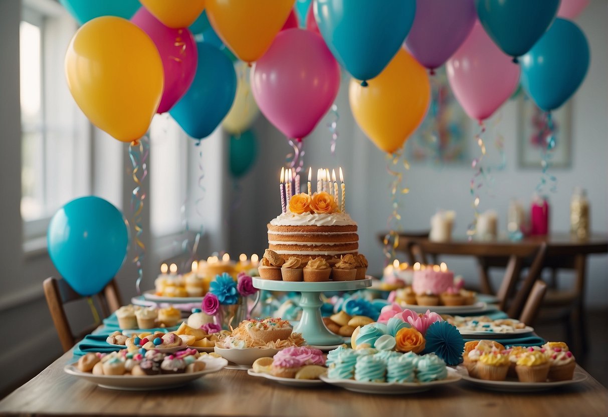 A table set with a colorful array of party decorations, presents, and a birthday cake with 86 candles. Balloons and streamers adorn the room, while family photos and memories are displayed on the walls