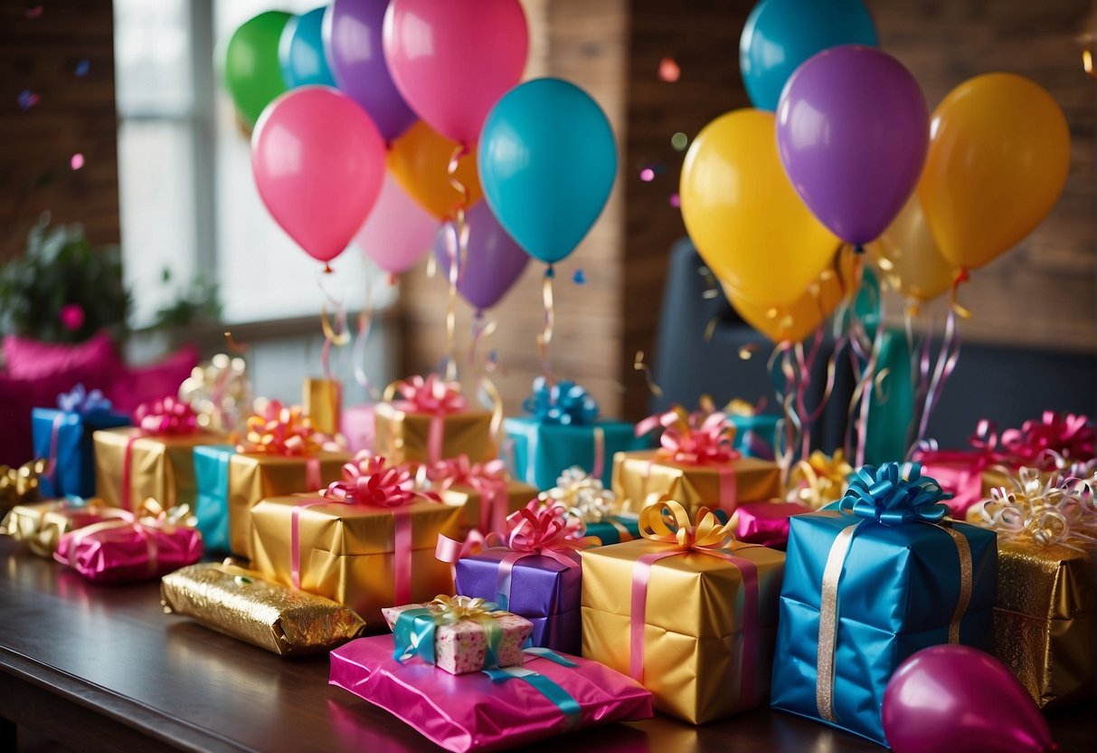 A table filled with colorful gifts and party favors for an 86th birthday celebration. Balloons and streamers decorate the room, creating a festive atmosphere