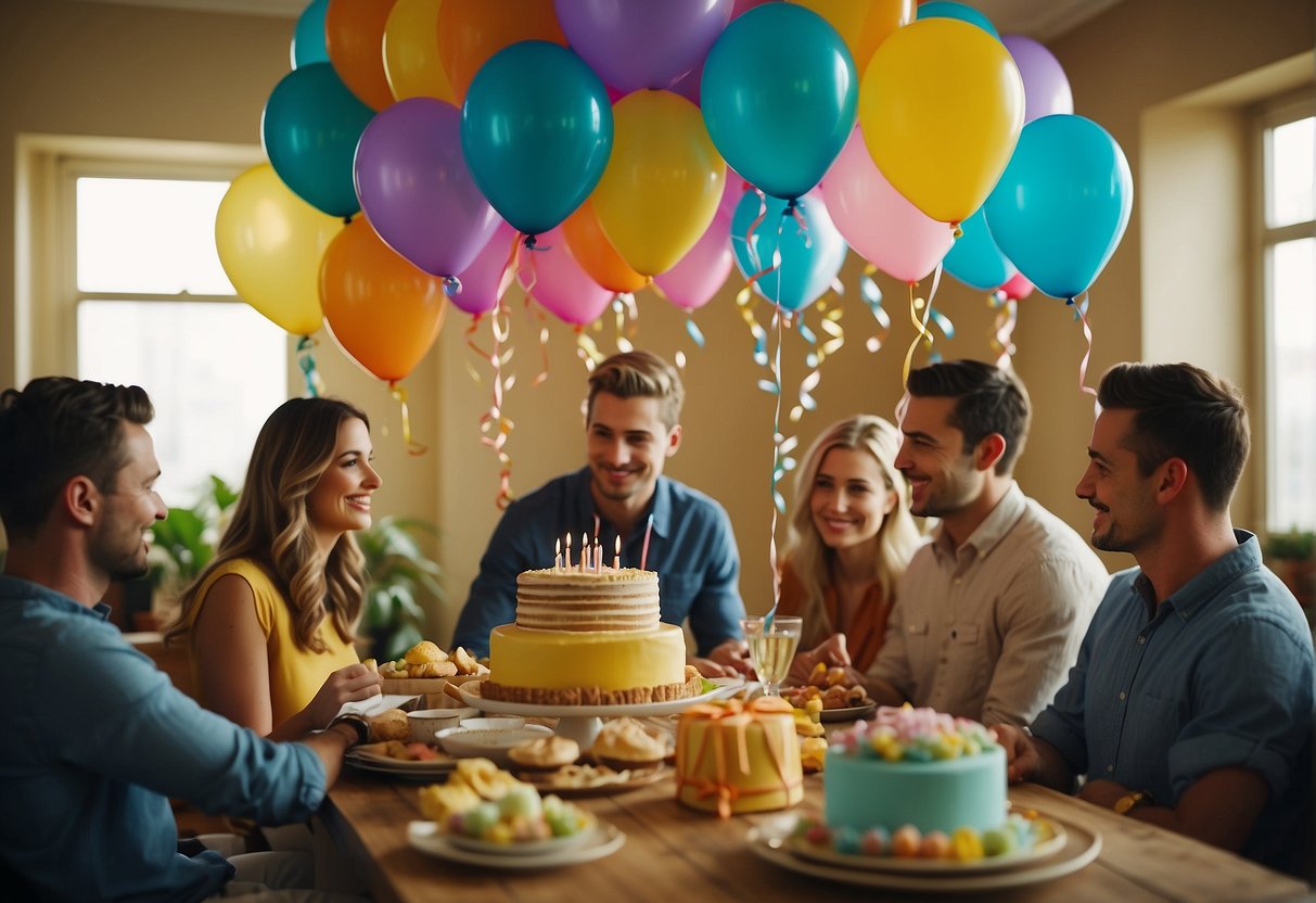 Colorful balloons and streamers adorn the room, a table set with a cake and presents. A group of friends and family gather, smiling and chatting