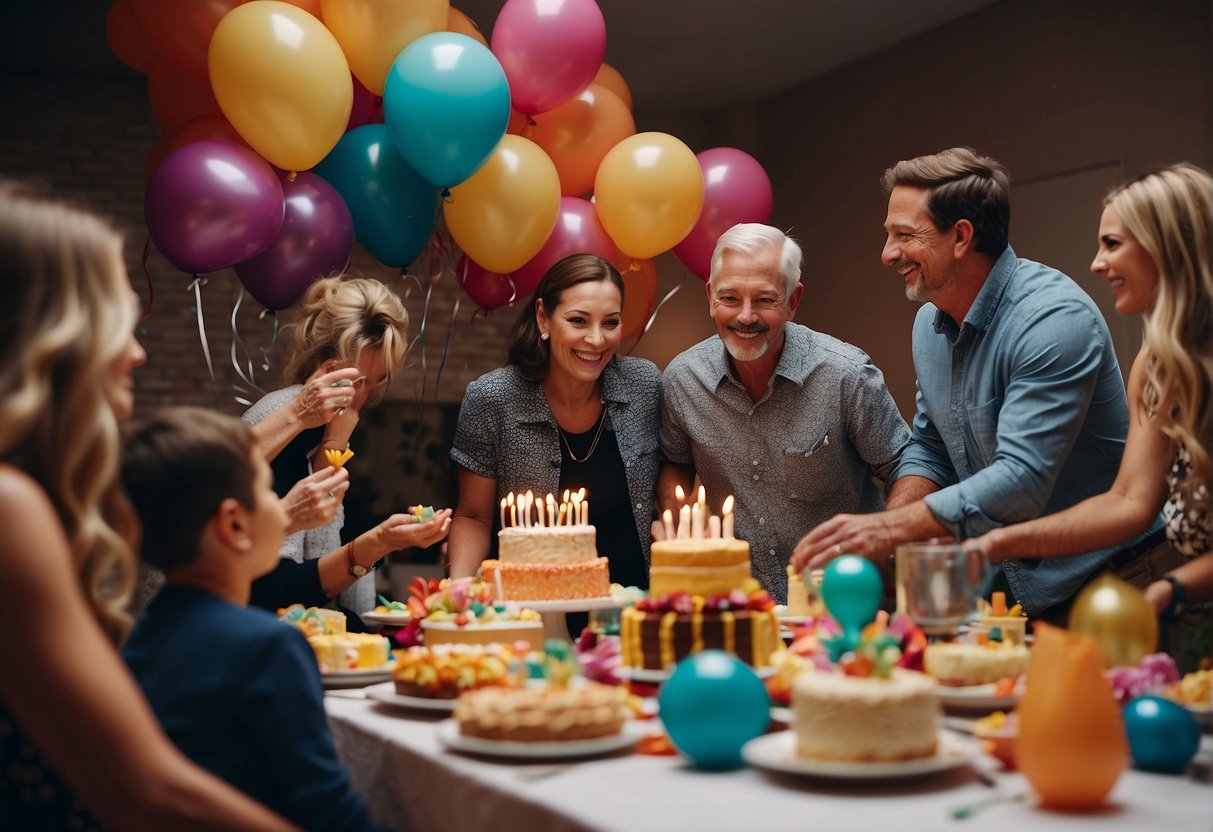 Guests decorating with colorful balloons and streamers, while a table is set with a large birthday cake and presents. Laughter and chatter fill the room as the party comes to life