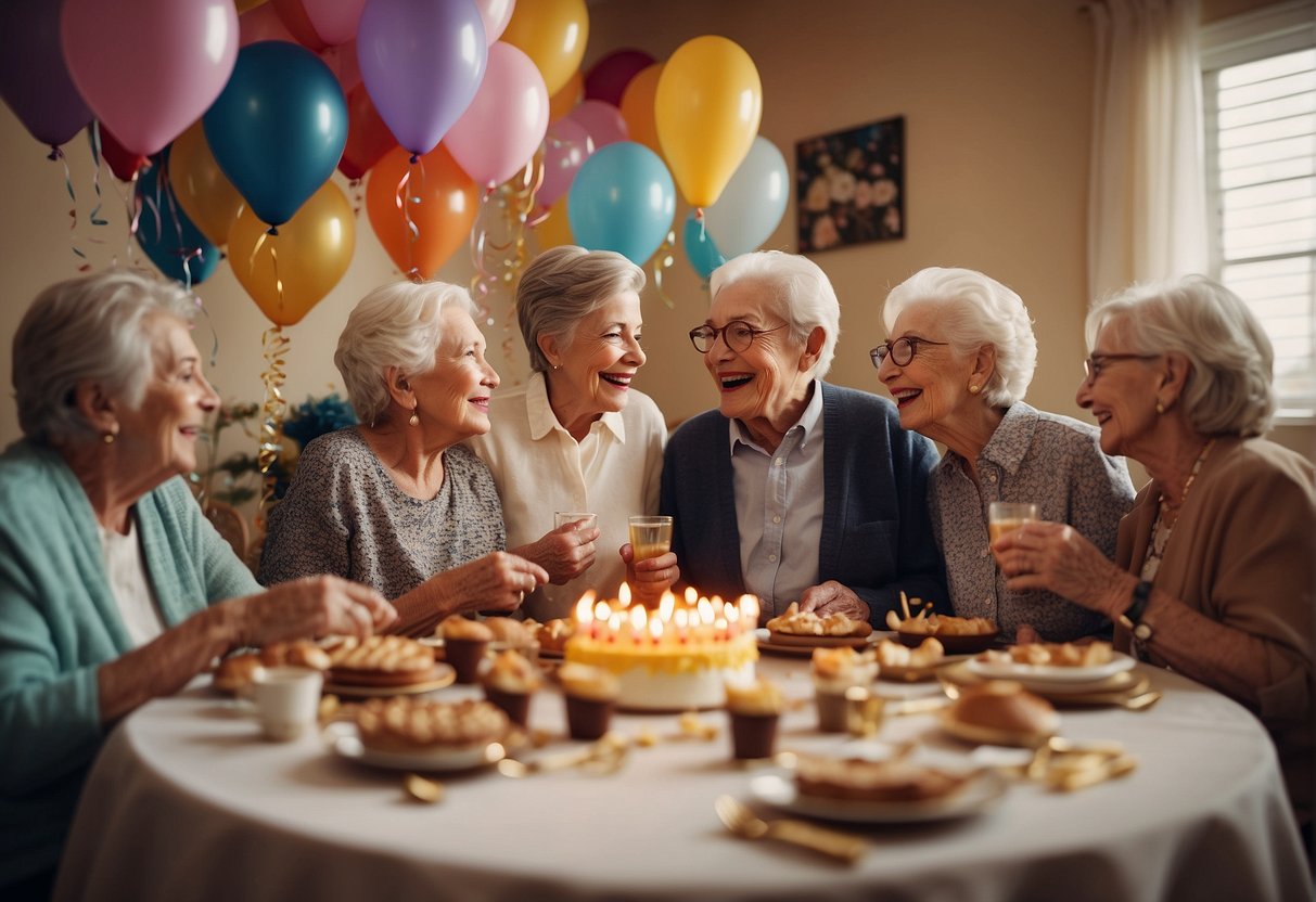 A group of elderly people celebrating an 87th birthday with games, music, and laughter in a decorated room with balloons and streamers