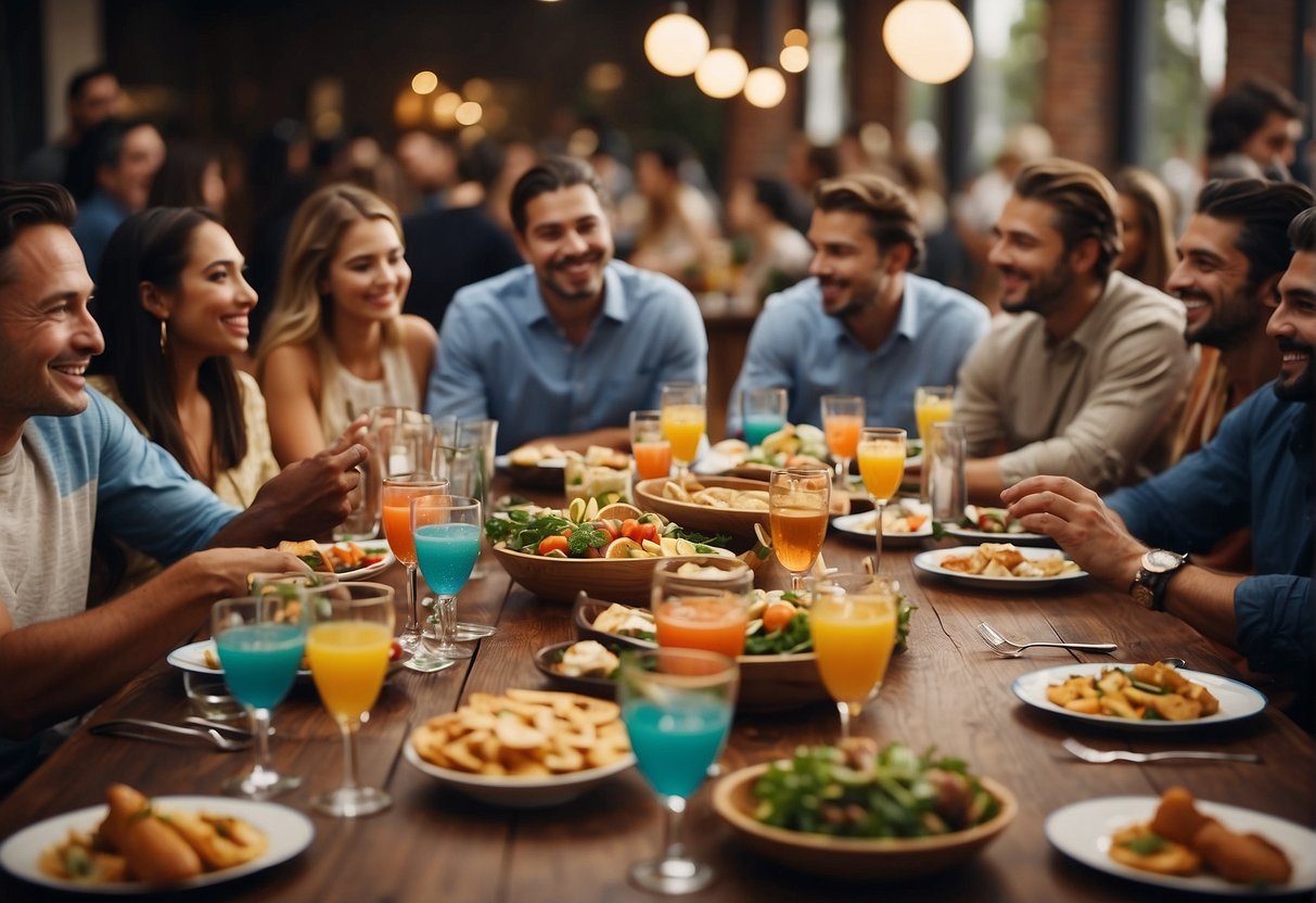 A long table set with colorful dishes and drinks, surrounded by diverse groups of people chatting and laughing. Decorations and music reflect various cultural influences