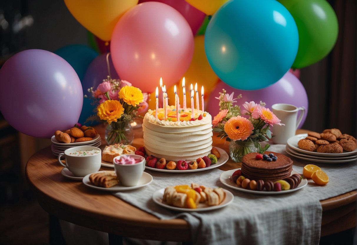 A table set with a colorful array of flowers, balloons, and a birthday cake with 88 candles. Presents and cards scattered around