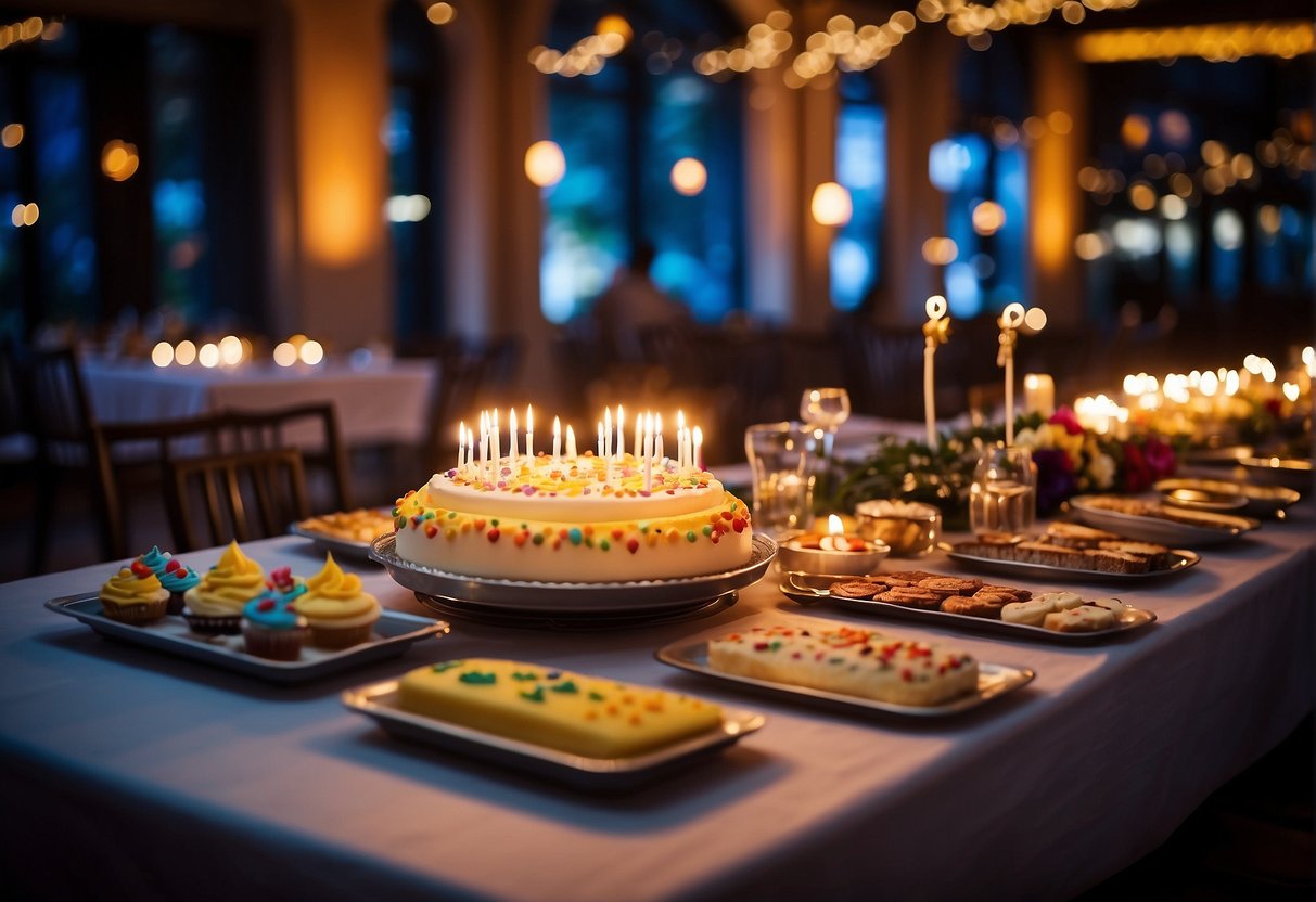 Tables set with colorful decorations, a cake with 88 candles, and a lineup of games and activities for the celebration