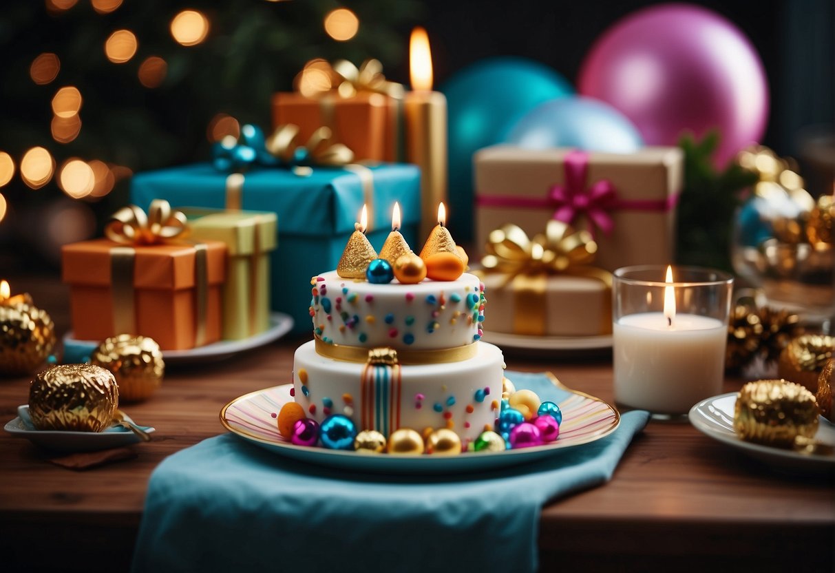 A table adorned with colorful gift-wrapped presents and a festive birthday cake surrounded by cheerful decorations