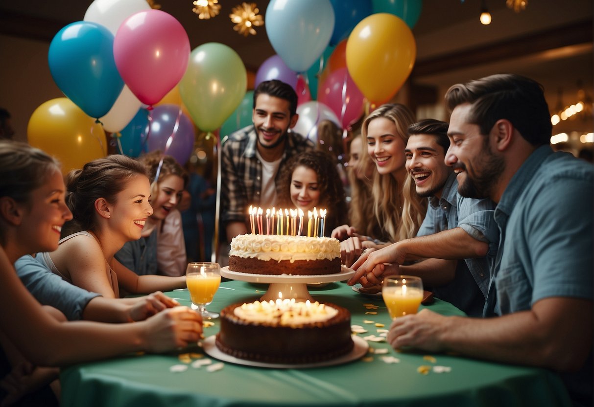 Guests gather around a large table, adorned with balloons and streamers. A birthday cake with 88 candles sits in the center. A lively game of bingo is in progress, while a small band plays music in the background