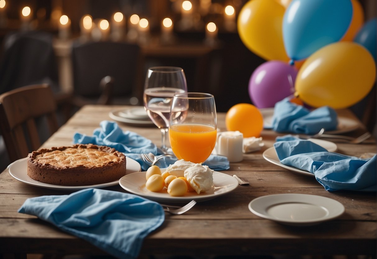 A table scattered with empty plates, crumpled napkins, and half-filled glasses. Balloons deflating in the corner, and a cake with a single candle still burning