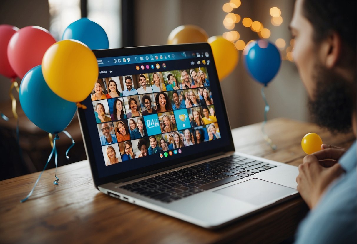 A computer screen displays a virtual birthday celebration with colorful balloons, messages, and emojis. A video call window shows happy participants engaging in activities