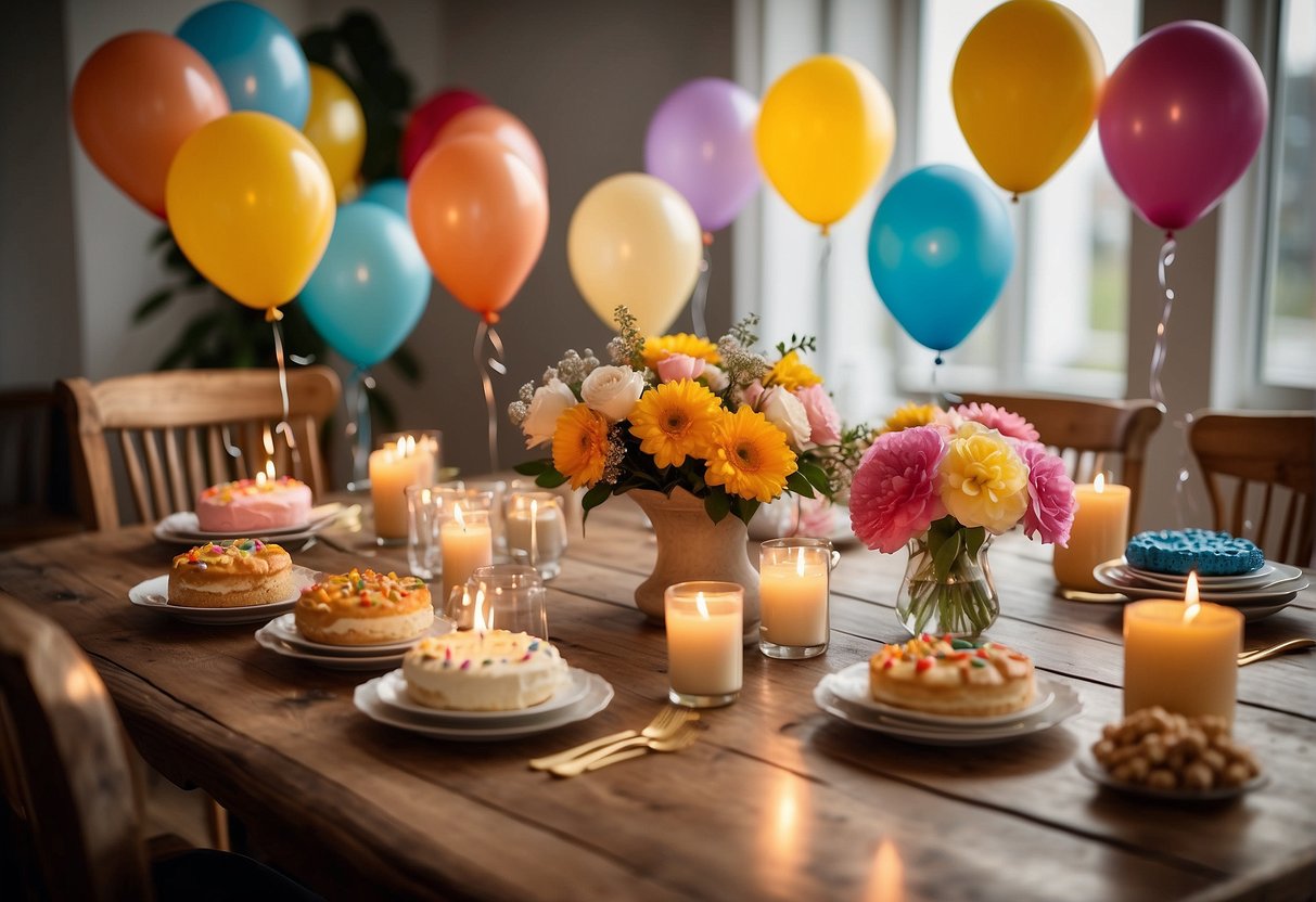 A table set with colorful gifts and decorations for an 89th birthday celebration. Balloons, flowers, and a cake with candles create a festive atmosphere