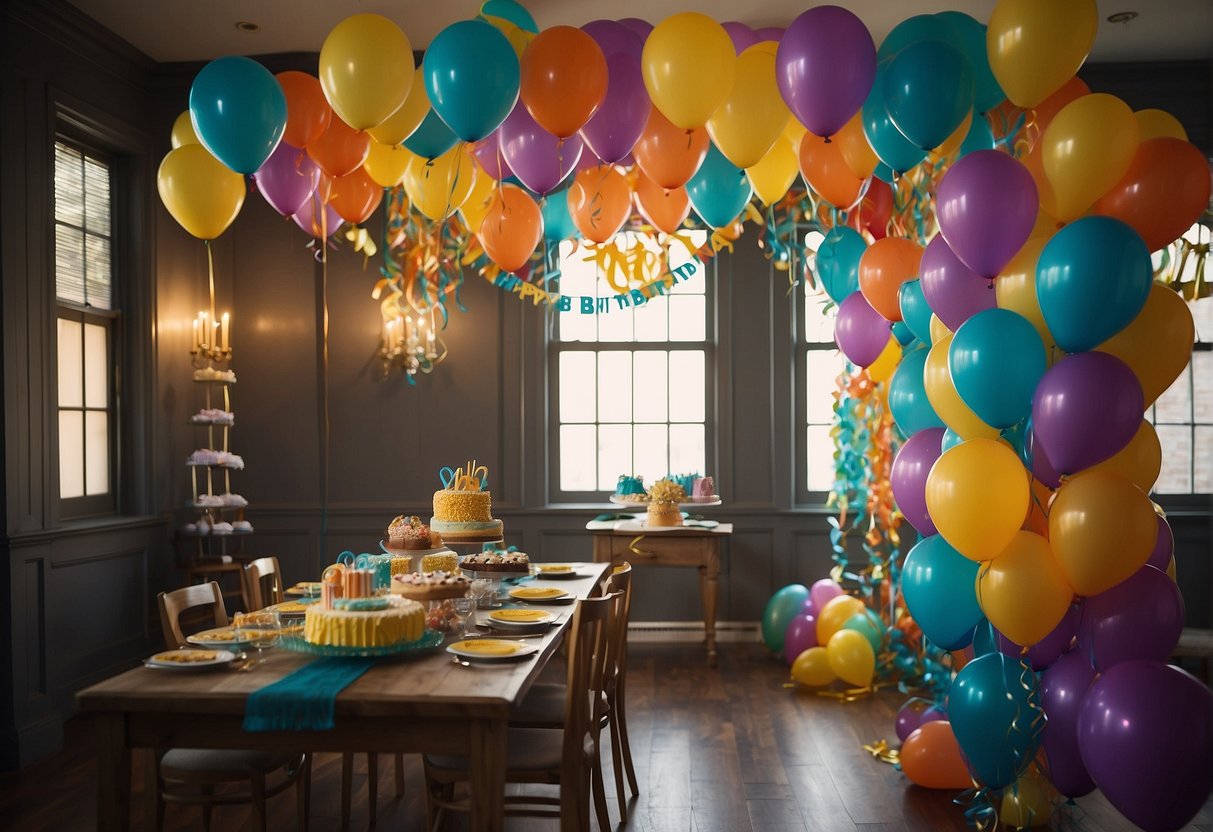 Colorful balloons and streamers adorn the room, while a large banner reads "Happy 89th Birthday!" A table is filled with party favors and a cake with candles. Gifts are piled high in the corner