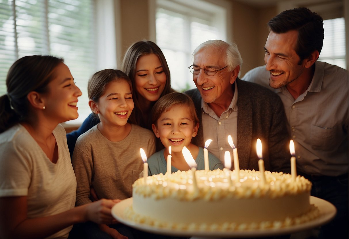 Elderly person celebrating 89th birthday with family, blowing out candles on cake, surrounded by laughter and love