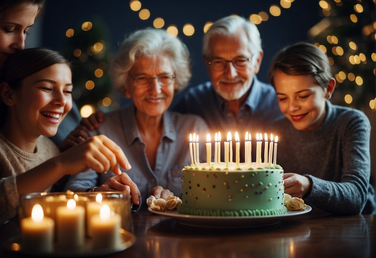 Elderly person surrounded by family, opening presents, blowing out candles on a cake, and sharing memories