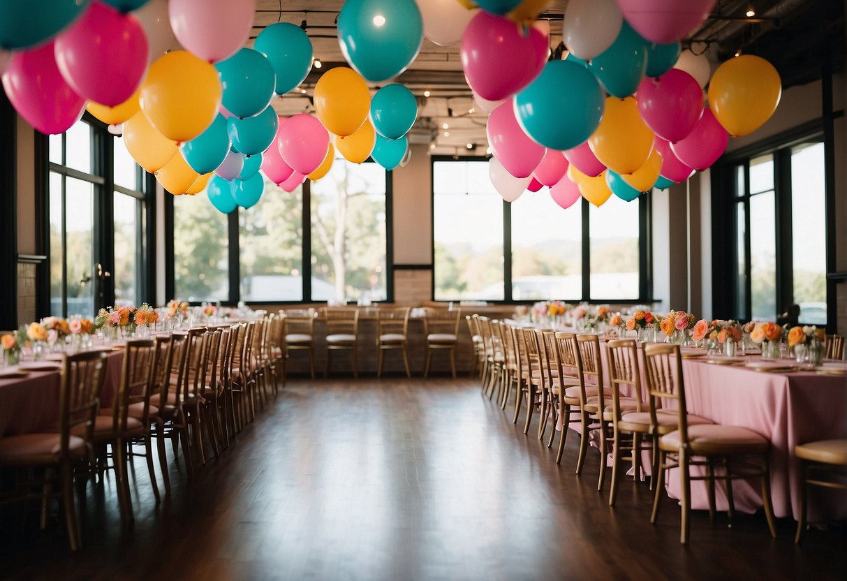 Colorful banners, balloons, and streamers adorn the venue. Tables are set with elegant centerpieces and party favors. A photo booth and memory board are arranged for guests to enjoy