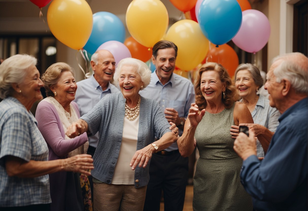 A lively 90th birthday party with music, dancing, and games. Decorations include balloons, streamers, and a large "90" sign. Guests socialize and enjoy refreshments