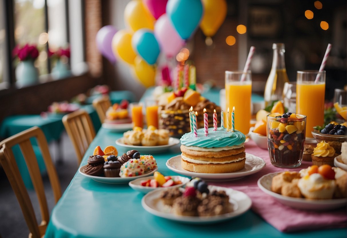 A table set with a colorful array of birthday treats and drinks, surrounded by lively conversation and laughter