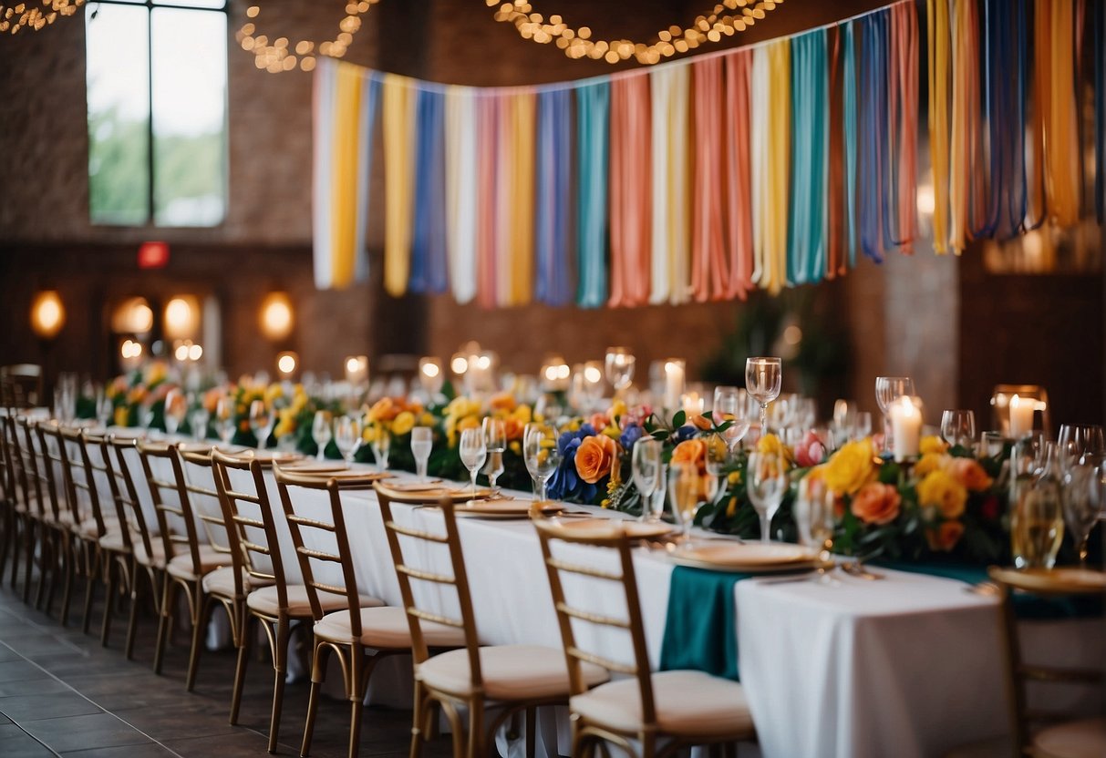 Colorful banners and streamers adorn the venue, with tables adorned in elegant centerpieces and themed decorations for a 91st birthday celebration