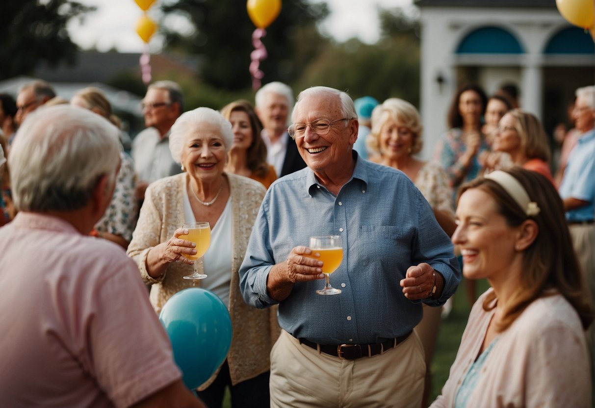 A lively 91st birthday party with games, music, and dancing. Tables filled with laughter and joy as guests enjoy the festivities