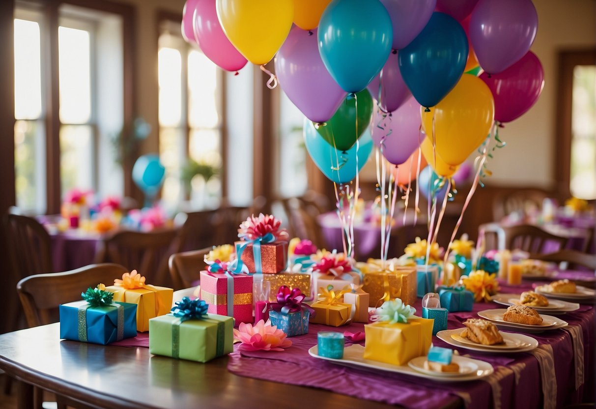 A table adorned with colorful gifts and party favors for a 91st birthday celebration. Balloons and streamers decorate the room, creating a festive atmosphere