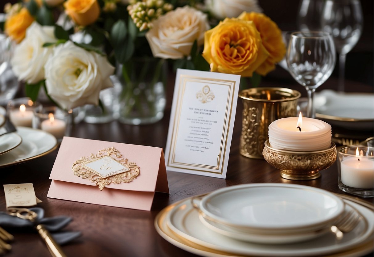 A table adorned with elegant invitations and stationery for a 91st birthday celebration. A decorative pen rests on a stack of RSVP cards, while a beautifully designed program lays nearby