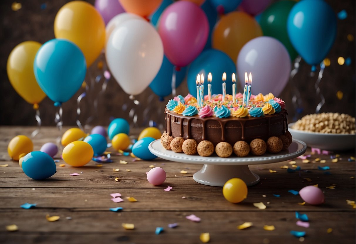 A table set with a colorful birthday cake, surrounded by balloons and confetti. Gifts and cards are scattered around, with a happy birthday banner in the background