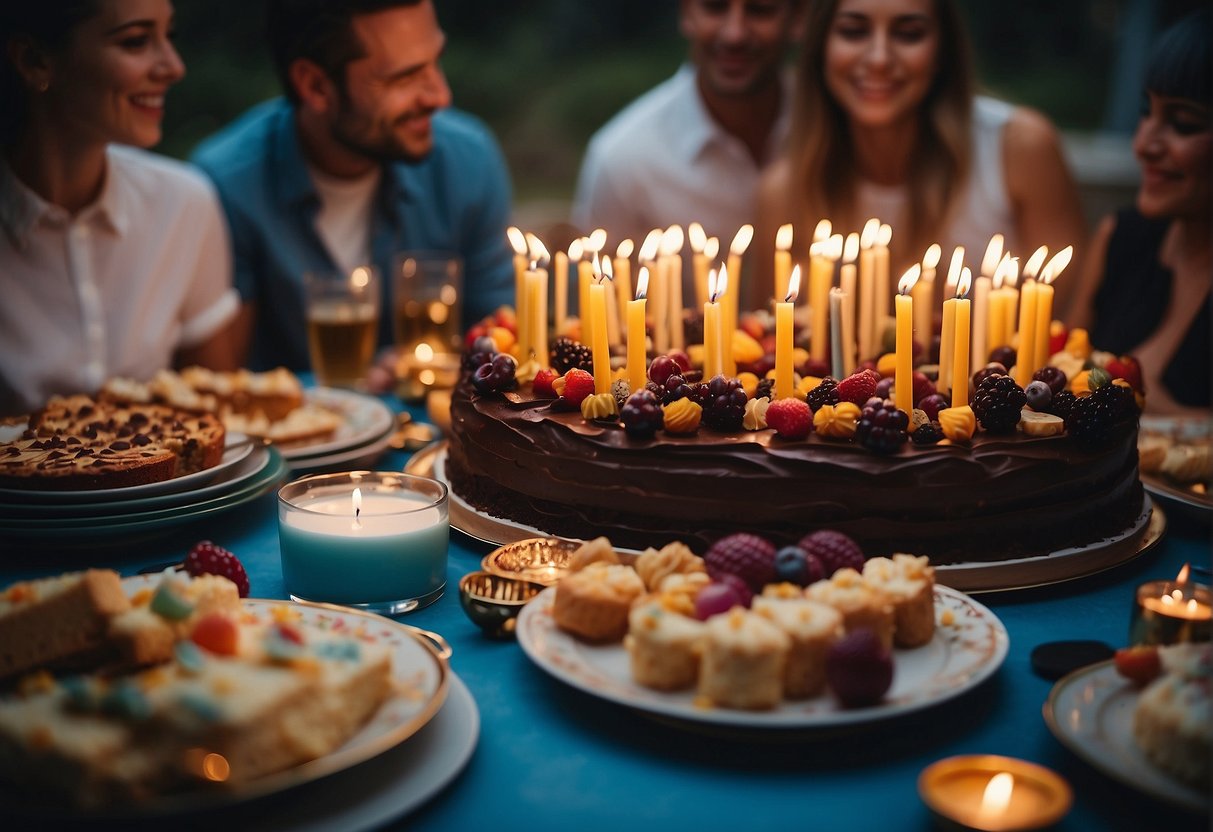 A table covered with colorful decorations, a cake with 92 candles, and a group of friends and family members gathered around, laughing and sharing stories