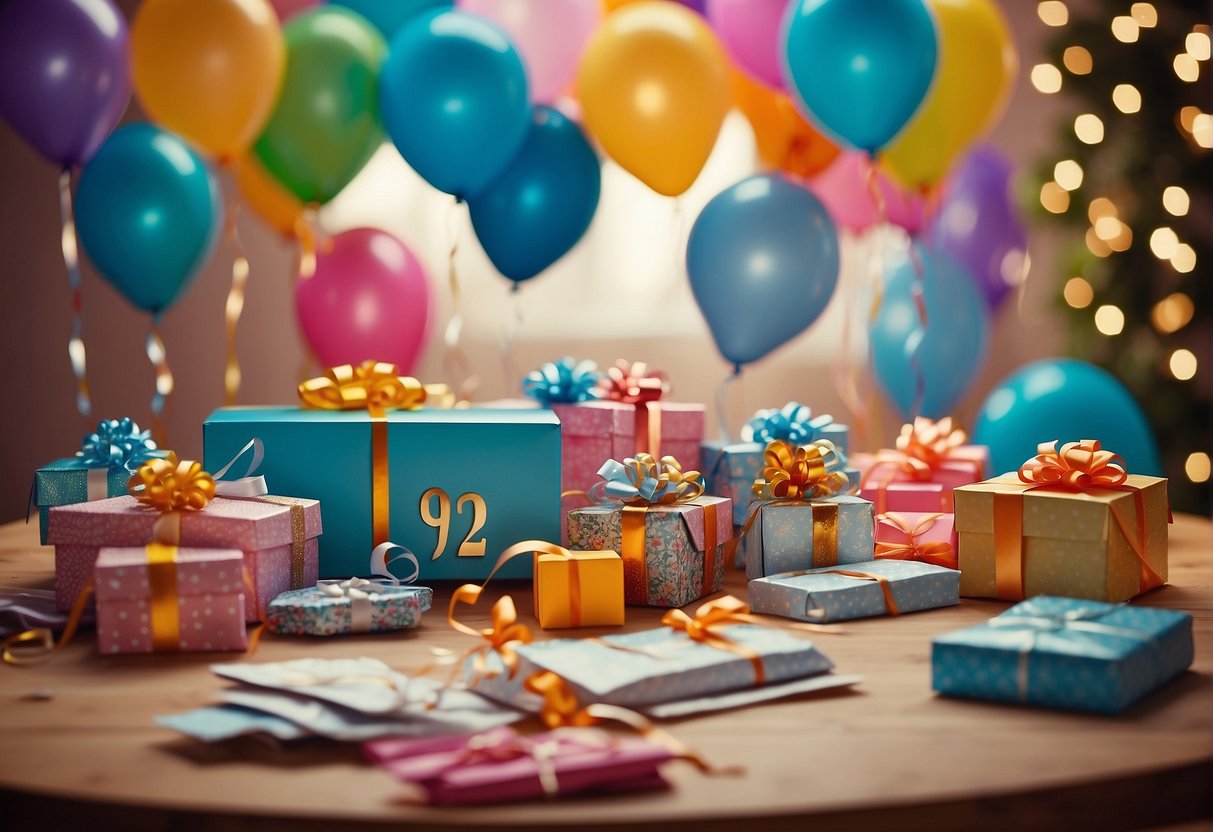 A table filled with colorful gift boxes and shopping bags, surrounded by balloons and streamers. A calendar with the date of the 92nd birthday circled