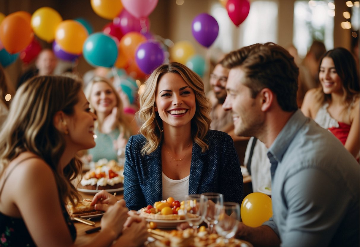 Guests mingle in a festive room adorned with colorful balloons and streamers. A table overflows with cakes, presents, and a large "92" candle. Laughter and chatter fill the air as everyone celebrates