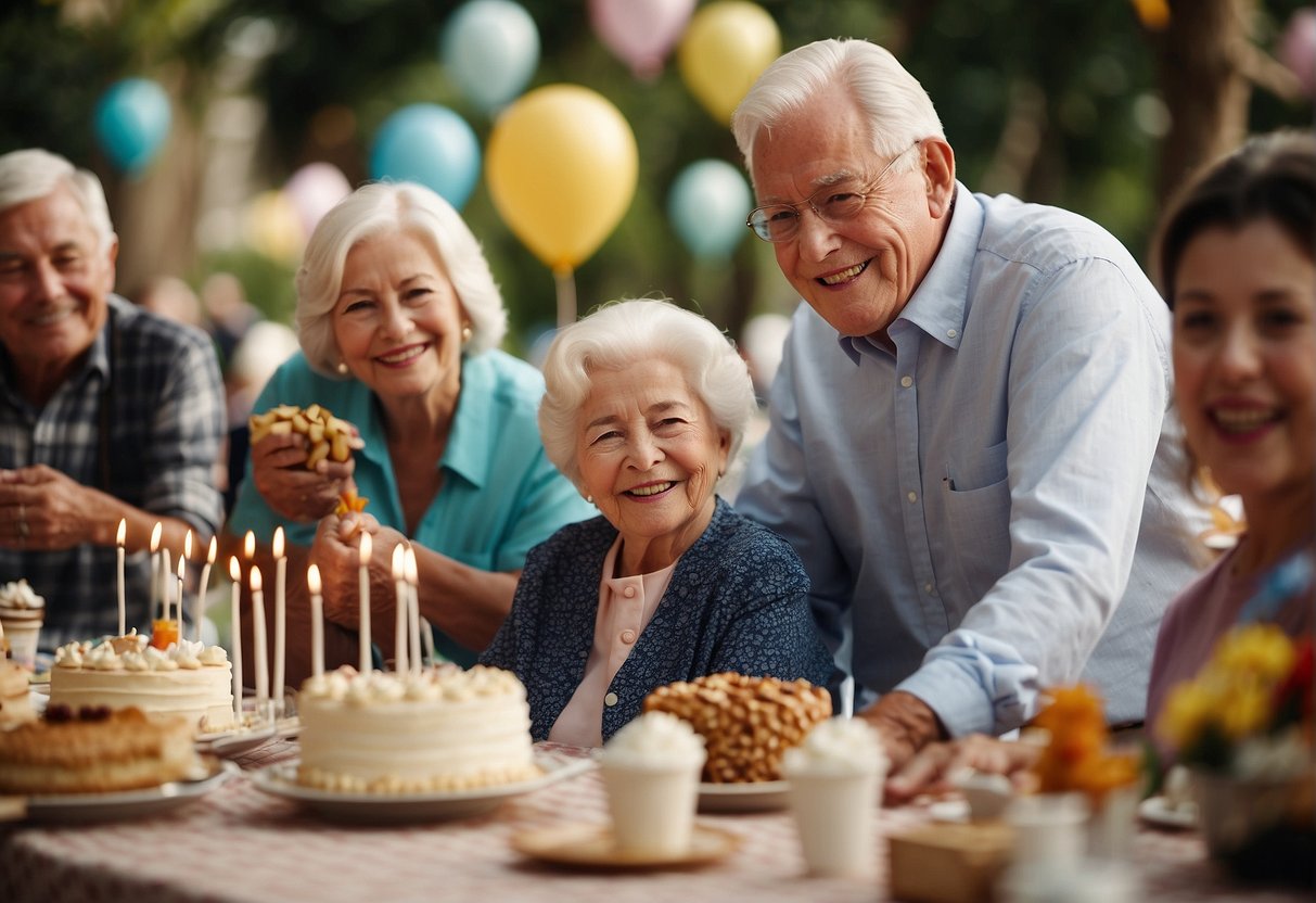 People of all ages engaging in various activities to celebrate a 92nd birthday. Decorations, music, games, and entertainment fill the scene