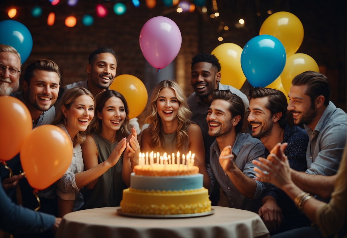 A group of people gather around a table filled with colorful balloons and a large birthday cake with 92 candles. They are smiling and clapping, celebrating the occasion